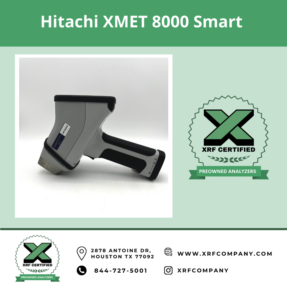 XRF Company Certified Preowned Used Hitachi XMET 8000 Handheld XRF Analyzer & PMI Gun for Scrap Metal Sorting & PMI Testing of Aluminum Alloys + Stainless Steel + Low Alloy Steel + Titanium + Nickel + Cobalt + Copper Alloys + Precious Metals