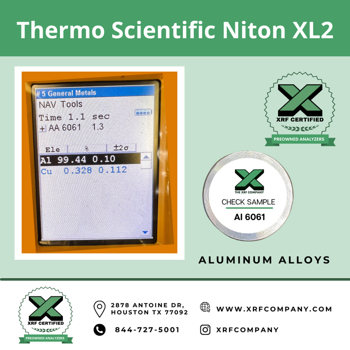 XRF Company Certified Pre-owned Thermo Niton XL2 800 XRF Gun for PMI Testing & Scrap Metal Sorting:  Standard Alloys + Aluminum Alloys.  (SKU #802)