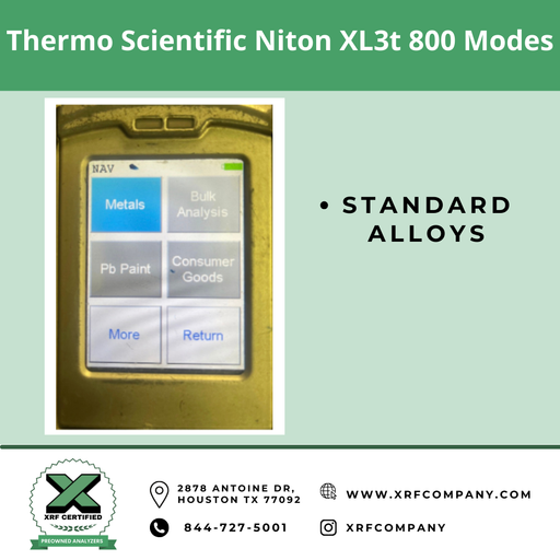 Factory Refurbished Thermo Scientific Niton XL3t 800 XRF Analyzer for PMI Inspection & Scrap Metal Recycling with Standard Alloys+ Aluminum Alloys  (SKU #826)