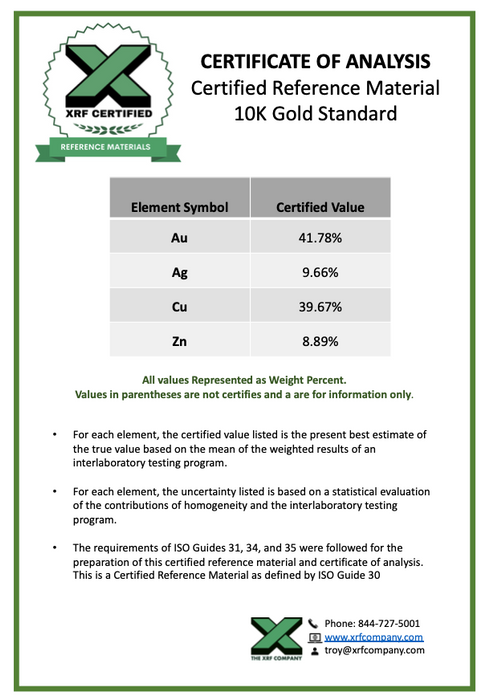10K Gold CRM- Certified Reference Materials - Precious Metals - For XRF Analyzers