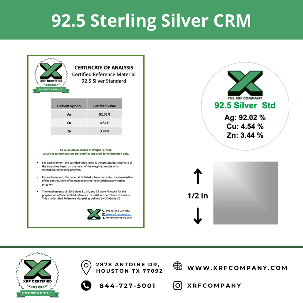 92.5 Sterling Silver CRM - Certified Reference Materials - Precious Metals - For XRF Analyzers