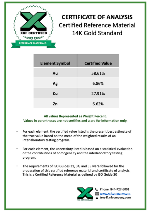 14K Gold CRM - Certified Reference Materials - Precious Metals - For XRF Analyzers