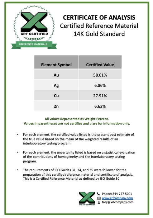 14K Gold CRM - 1/2" x 1/2" - Certified Reference Materials - Precious Metals - For XRF Analyzers