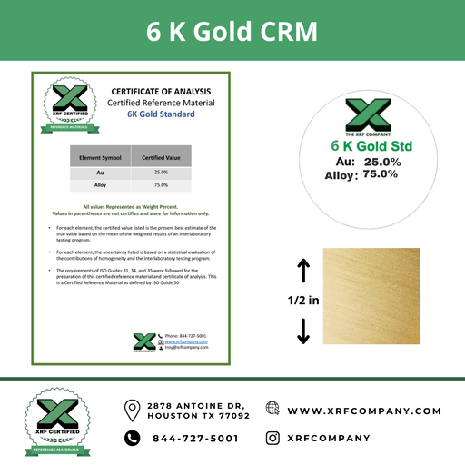 6K Gold CRM- Certified Reference Materials - Precious Metals - For XRF Analyzers