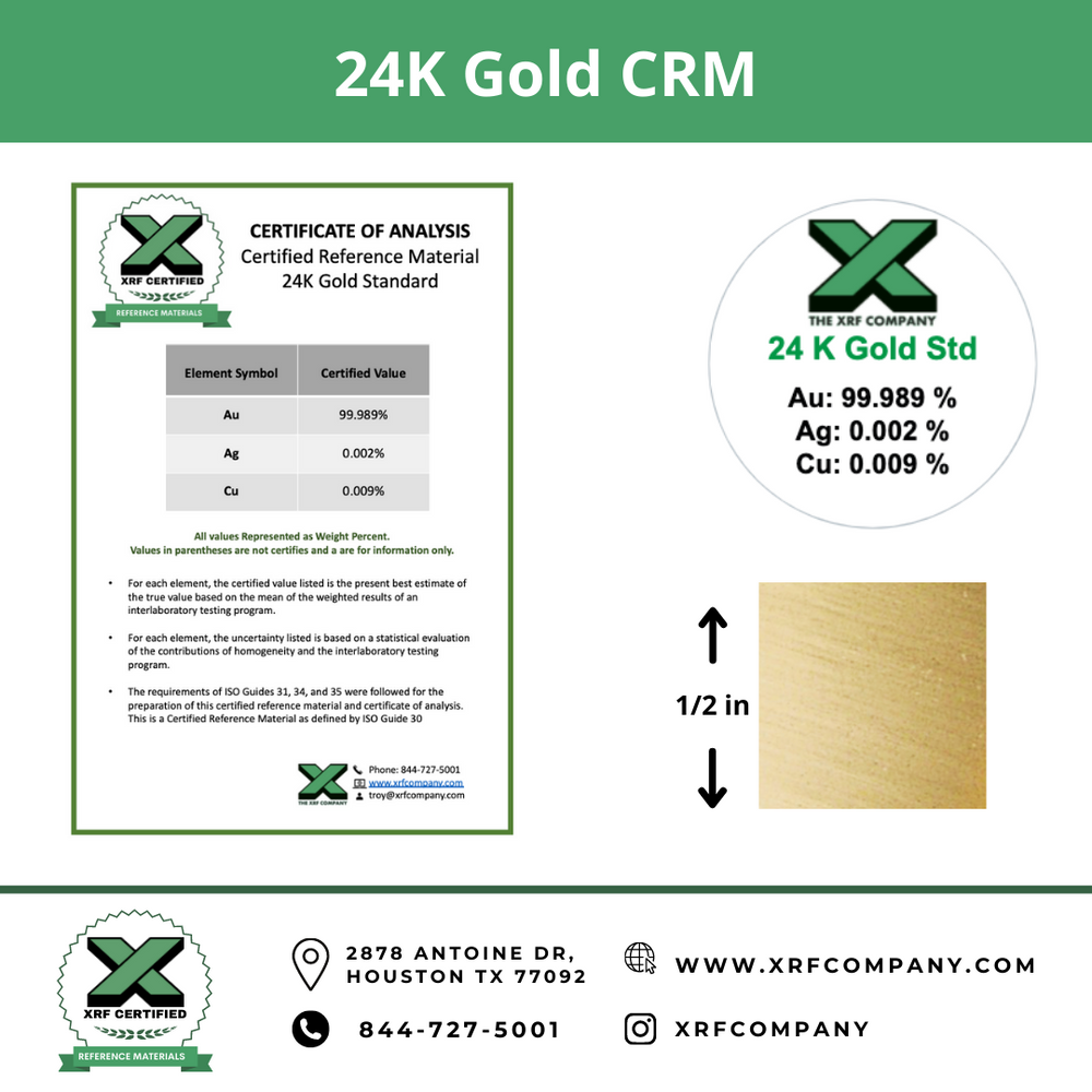 24K Gold CRM - Certified Reference Materials - Precious Metals - For XRF Analyzers