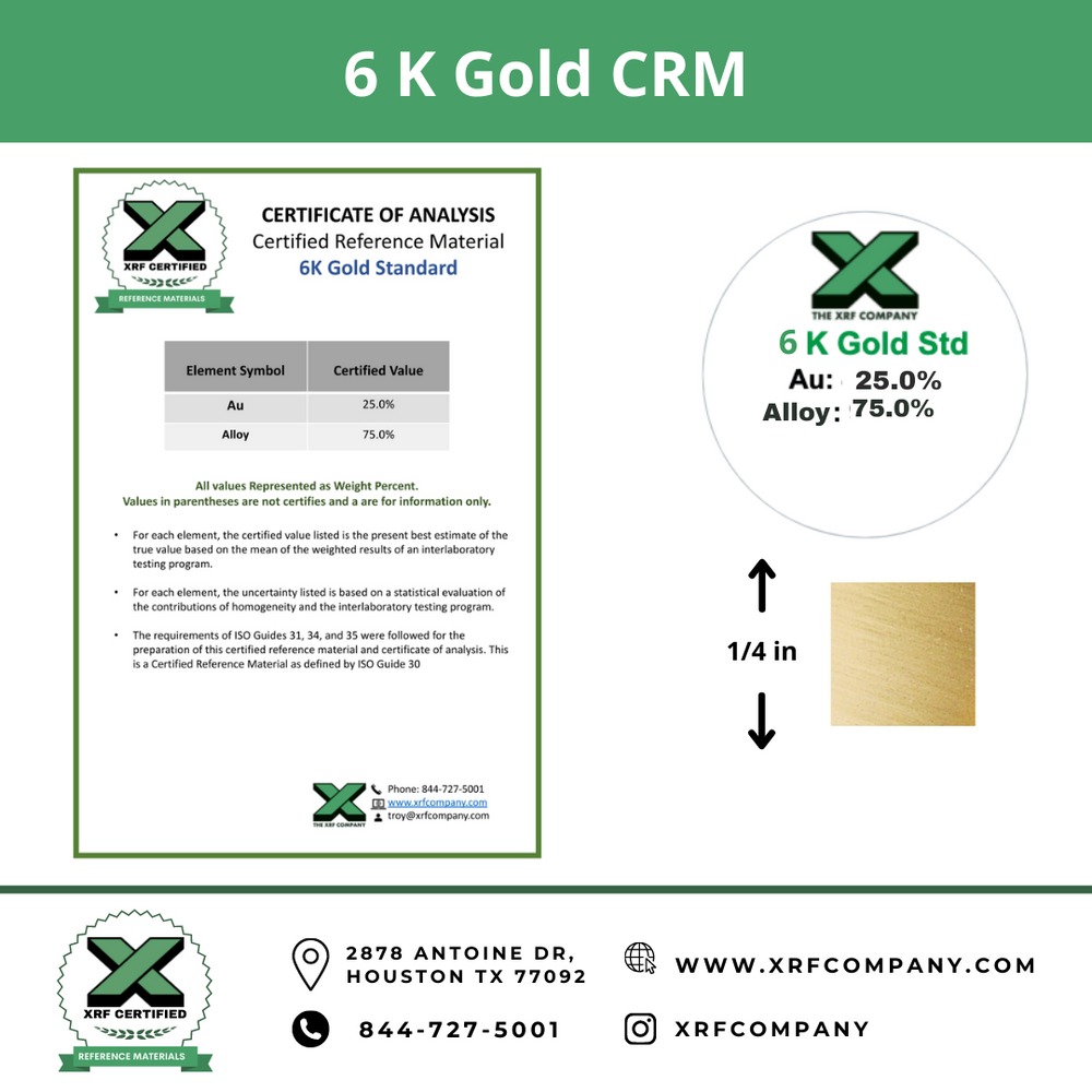 6K Gold CRM- Certified Reference Materials - Precious Metals - For XRF Analyzers