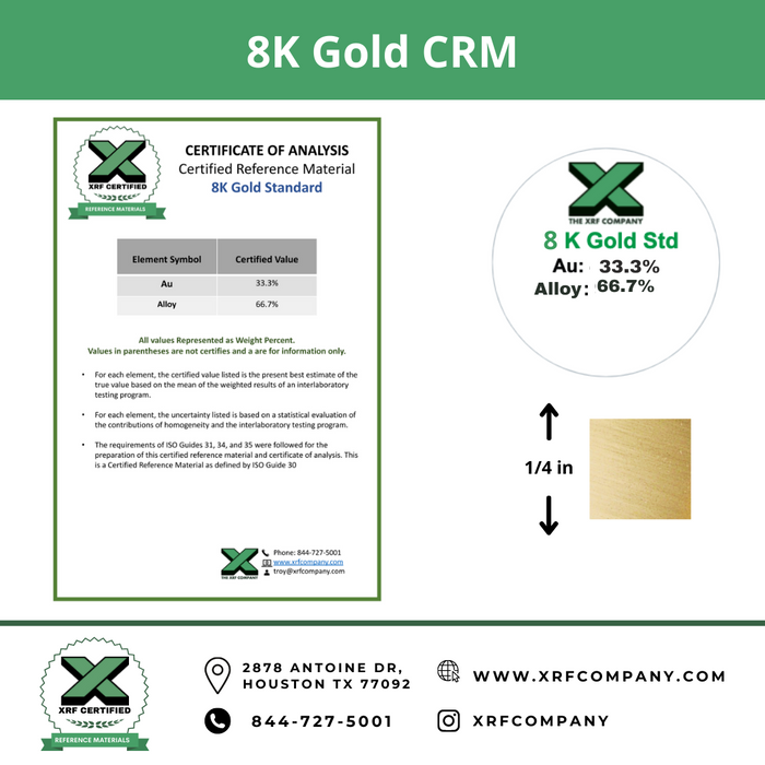 8K Gold CRM- Certified Reference Materials - Precious Metals - For XRF Analyzers