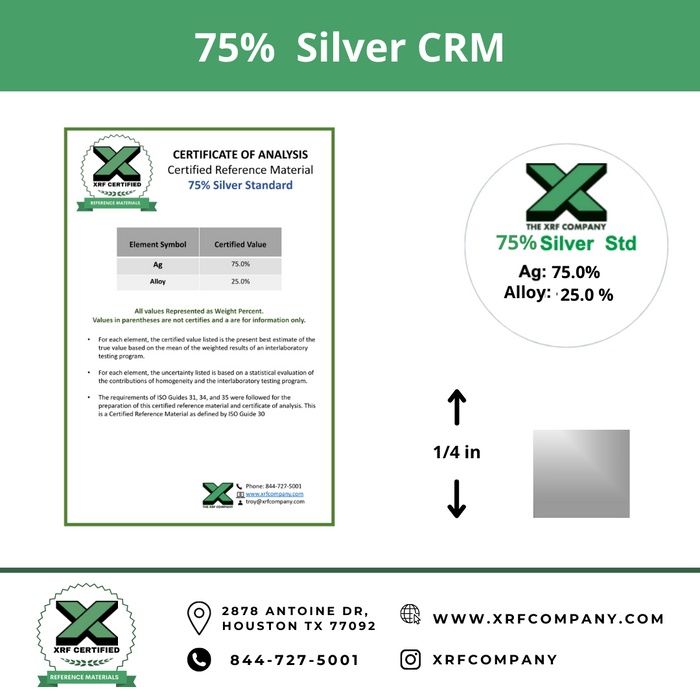 75 % Silver CRM- Certified Reference Materials - Precious Metals - For XRF Analyzers