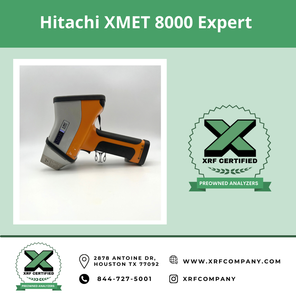 XRF Company Certified preowned Used Hitachi Oxford XMET 8000 Expert Handheld XRF Analyzer For Precious Metals + Car Catalyst + Light Elements + Aluminum + Plastic + RoHS + Consumer Goods + Solder